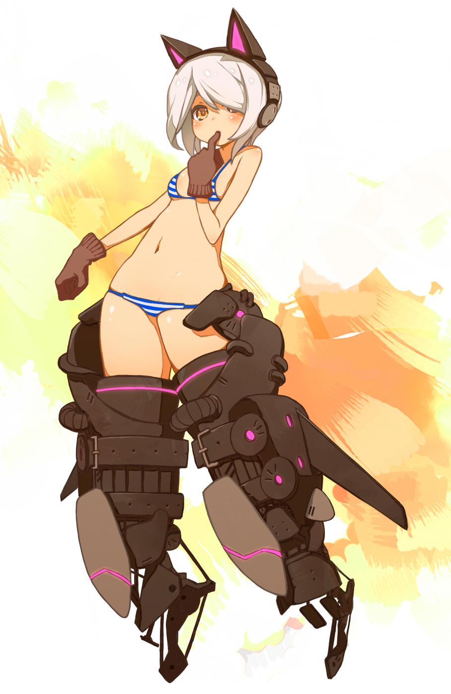 1girl, animal_ears, bikini, bikini_top, blush, brown_eyes, brown_gloves, cat_ears