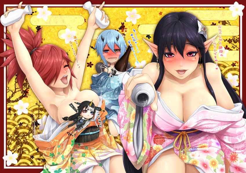 4girls, alcohol, antenna_hair, arms_up, azanami_(pso2), black_hair, blue_eyes, blush, blush_stickers, bottle, breasts, censored, character_censor, cleavage, closed_eyes, clothes_down, collarbone, drunk, earrings, egasumi, eyebrows, floral_print, hair_ornament, hair_over_one_eye, heart, heterochromia, highres, holding, homura_(haku89), horn, horns, io_(pso2), japanese_clothes, jewelry, katori_(pso2), kimono, large_breasts, long_hair, looking_at_viewer, minigirl, mole_under_eye, motion_lines, multicolored_hair, multiple_girls, novelty_censor, obi, off_shoulder, open_mouth, orange_eyes, phantasy_star, phantasy_star_online_2, pink_eyes, pointy_ears, ponytail, redhead, sake, sake_bottle, sash, tamahime_(pso2), thick_eyebrows, tokkuri, translation_request, triangle_mouth, two-tone_hair, white_hair