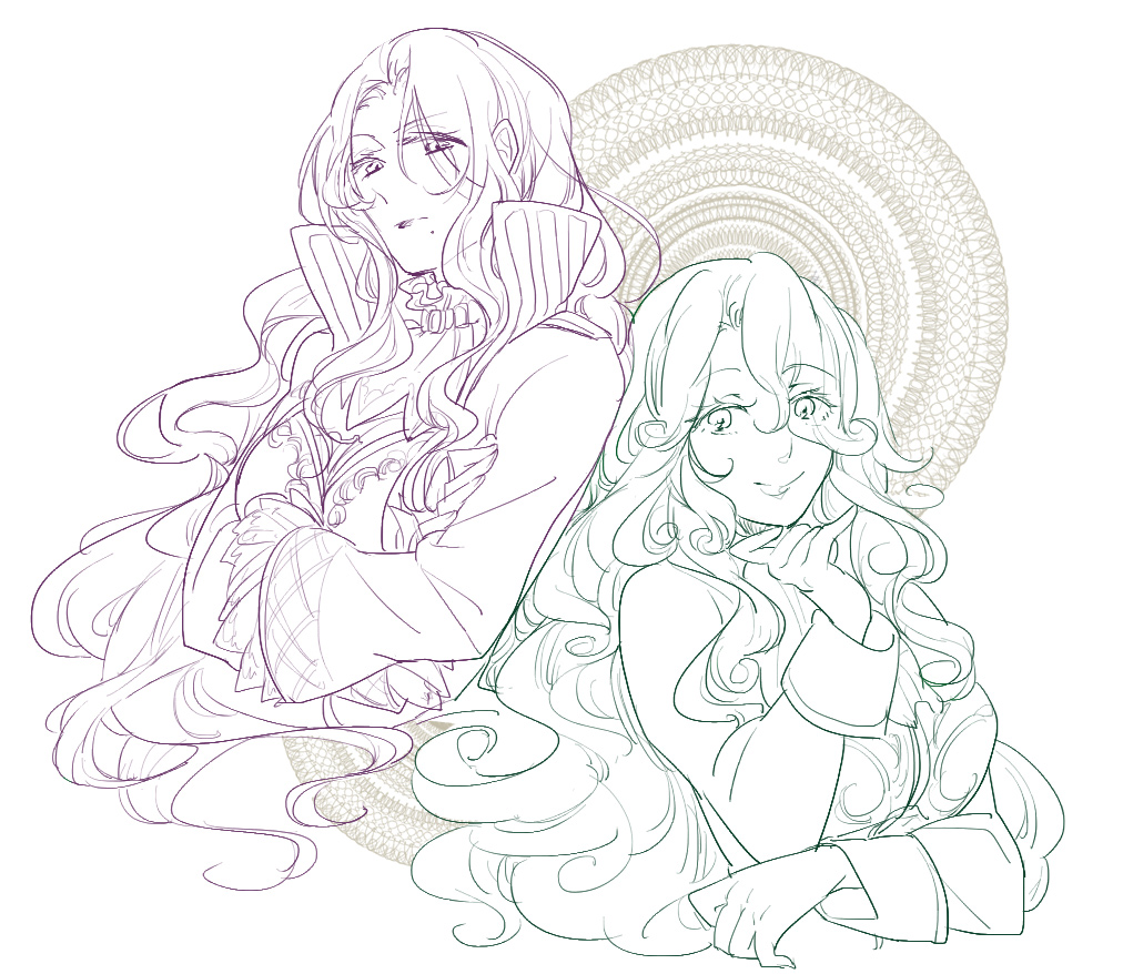 2girls, gime, lady_leredrick, lily_kokoschka, long_hair, mole, monochrome, multiple_girls