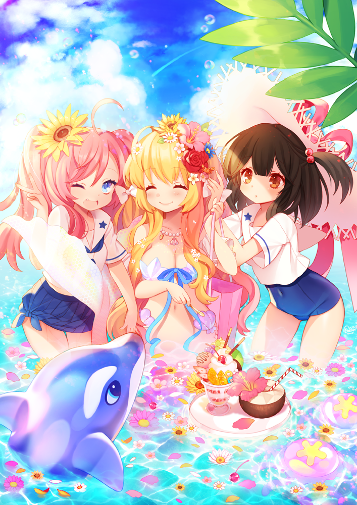 3girls, ;d, ahoge, bag, blonde_hair, blue_eyes, blush, bow