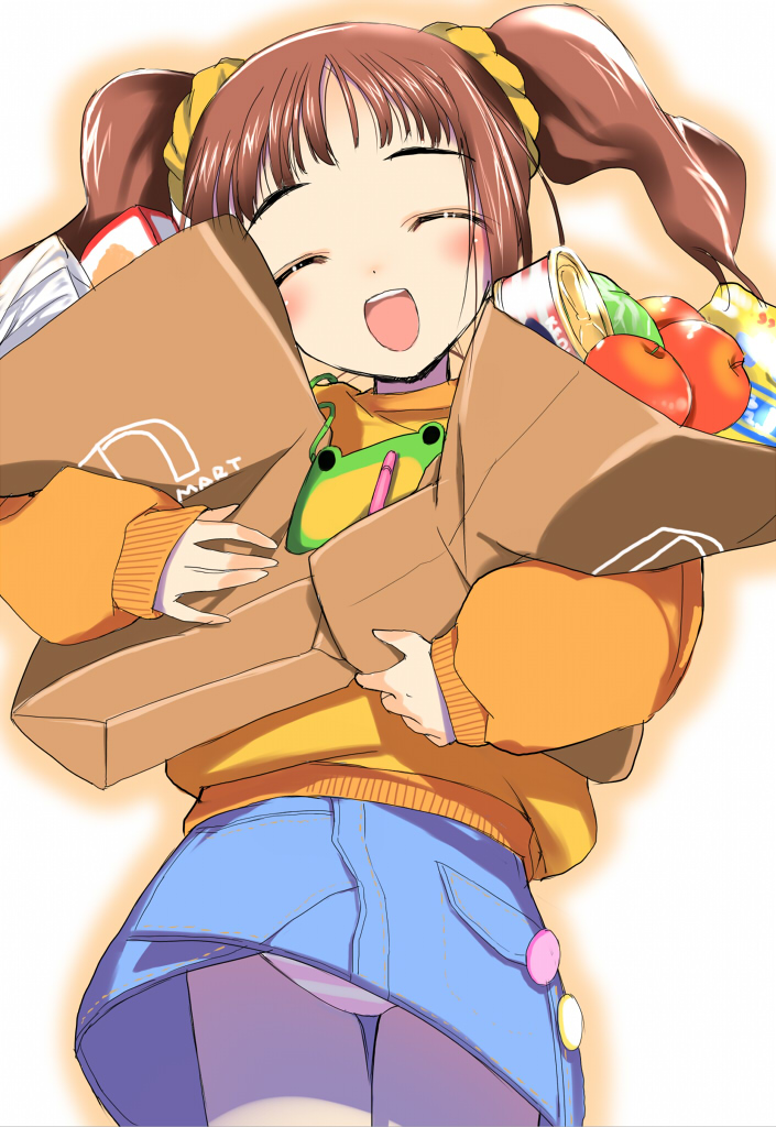 brown_hair, closed_eyes, idolmaster, miniskirt, panties, pantyshot, raglan_sleeves, skirt, solo, takatsuki_yayoi, twintails, ui_(kirin), ui_(pixiv394777), underwear