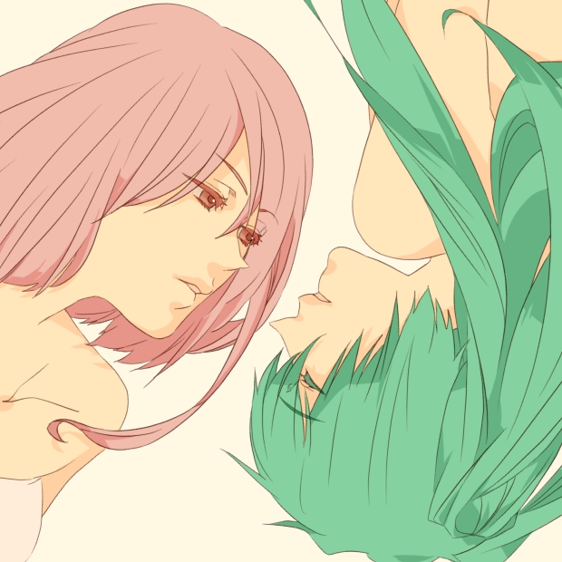 bad_id, face, green_hair, hatsune_miku, marui_happa, megurine_luka, multiple_girls, nude