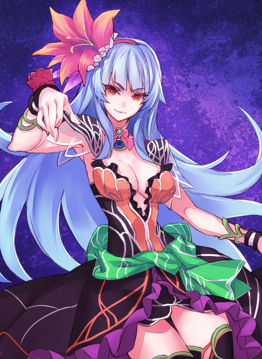 1girl, blue_hair, breasts, cleavage, flower, hair_flower, hair_ornament, highres