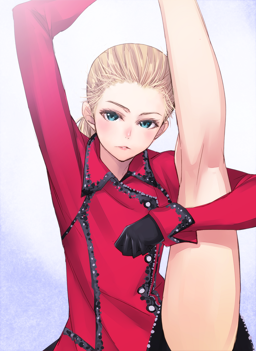 1girl, 2014_winter_olympics, black_gloves, blonde_hair, blue_eyes, blush, flexible, gloves, highres, kneepits, leg_up, looking_at_viewer, matsuryuu, olympics, ponytail, real_life, solo, stretch, yulia_lipnitskaya