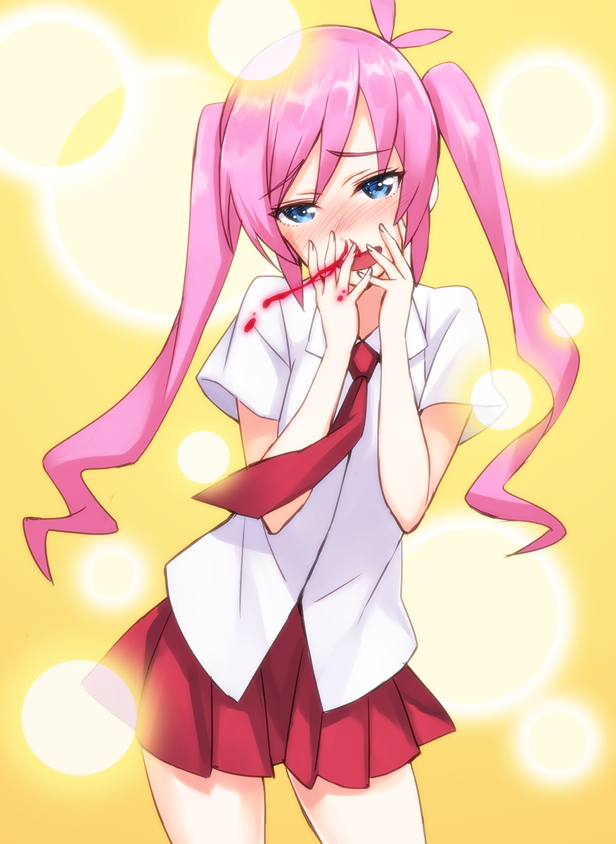 1girl, blood, blue_eyes, blush, commentary, hands_on_own_cheeks, hands_on_own_face, highres, long_hair, looking_at_viewer, matsuryuu, moe_musume, necktie, nosebleed, pink_hair, pixiv, skirt, smile, solo, twintails