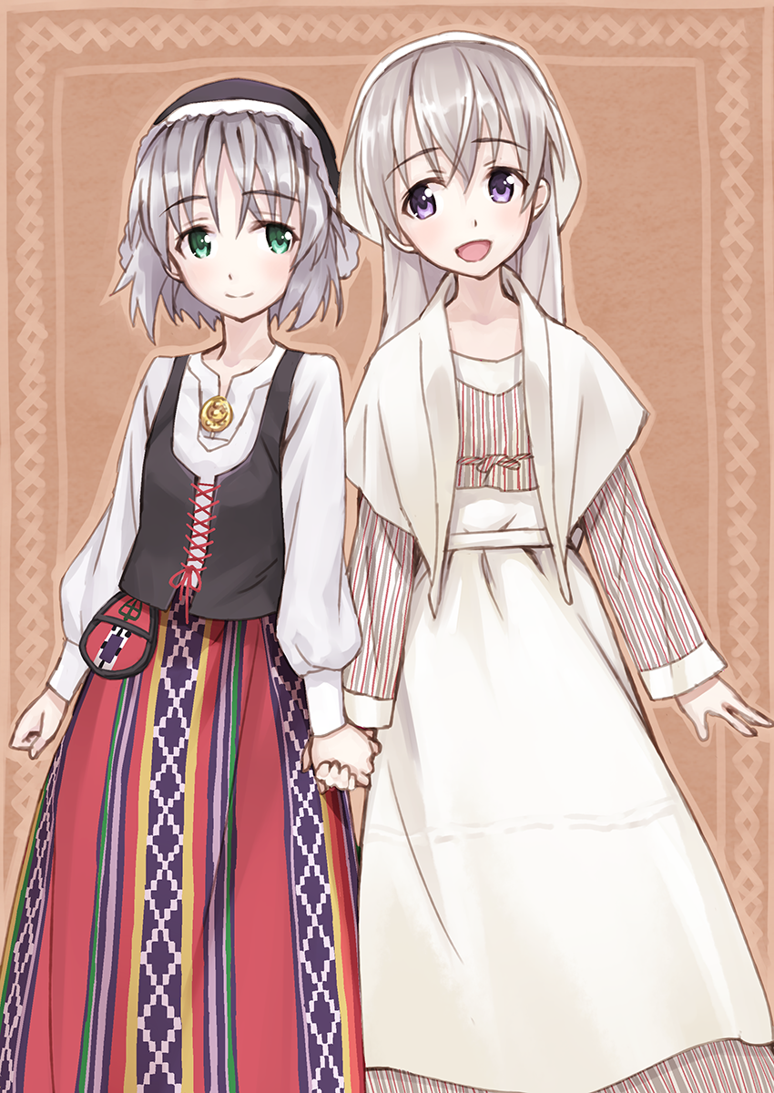 2girls, :d, alternate_costume, blush, eila_ilmatar_juutilainen, finnish_clothes, green_eyes, highres