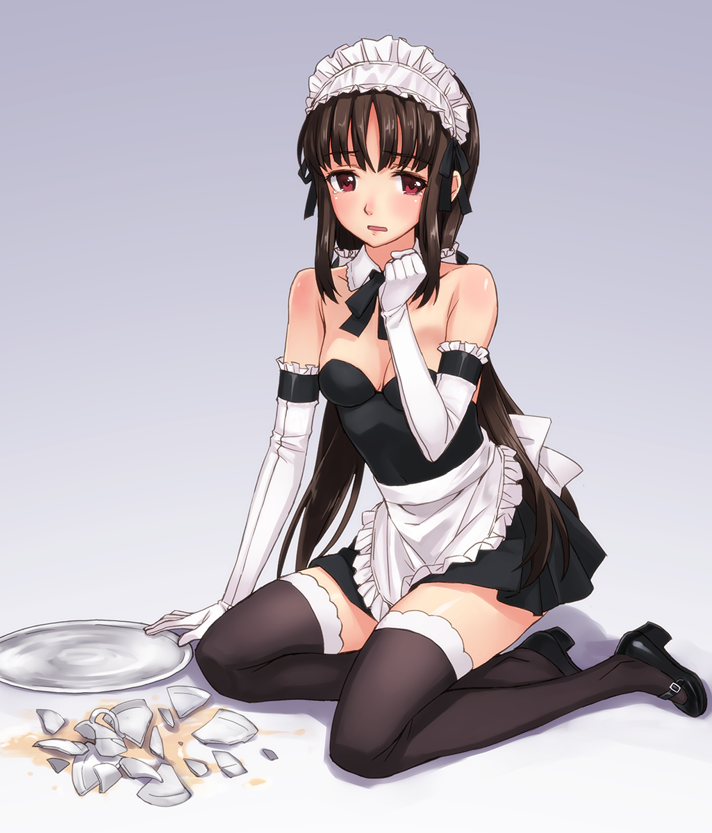 1girl, apron, bare_shoulders, black_legwear, breasts, broken_cup, broken_plate, brown_hair
