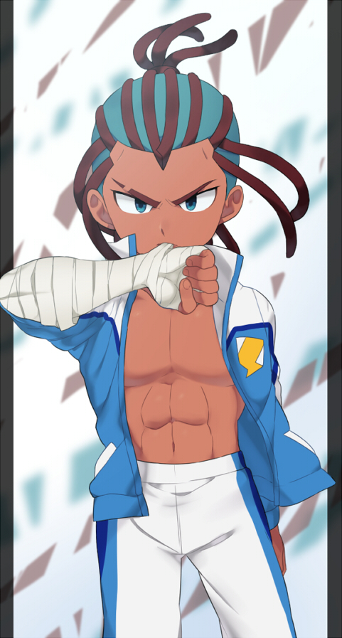 1boy, bandages, blue_eyes, dark_skin, earth_eleven, inazuma_eleven_(series), inazuma_eleven_go, inazuma_eleven_go_galaxy