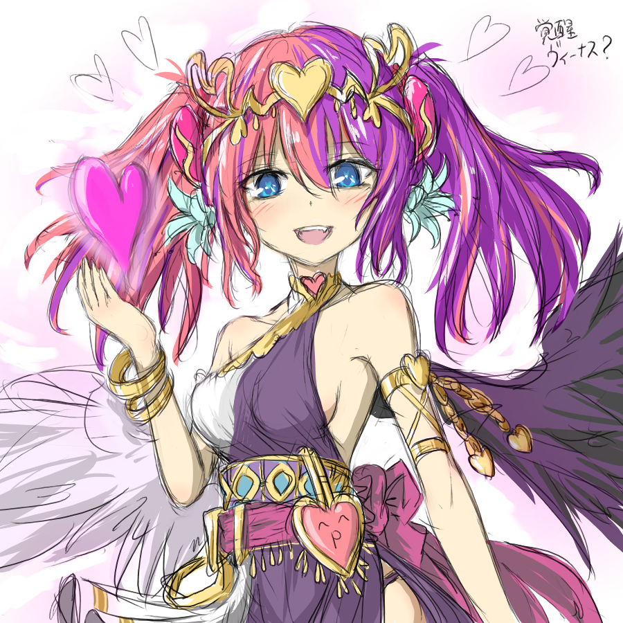 1girl, :d, ^p^, alternate_hair_length, alternate_hairstyle, armlet, asymmetrical_wings, bare_shoulders, black_wings, blue_eyes, blush, breasts, chaos_venus_(p&amp;d), collarbone, dress, fangs, feathered_wings, flower, hair_flower, hair_ornament, halterneck, heart, heart-shaped_pupils, heart_hair_ornament, jieison, lily_(flower), long_hair, looking_at_viewer, multicolored_hair, no_bra, open_mouth, panties, pink_hair, purple_hair, purple_panties, puzzle_&amp;_dragons, sash, side_slit, sideboob, sketch, smile, solo, symbol-shaped_pupils, tiara, translation_request, twintails, two-tone_hair, underwear, venus_(p&amp;d), white_wings, wings