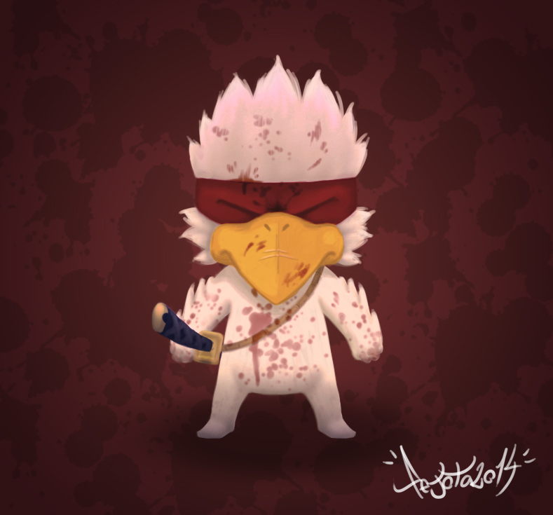 1girl, artist_name, bird, blindfold, blood, chicken, chicken_(nuclear_throne), dated, facing_viewer, full_body, katana, nuclear_throne, pejota1, sheath, sheathed, signature, solo, standing, sword, weapon