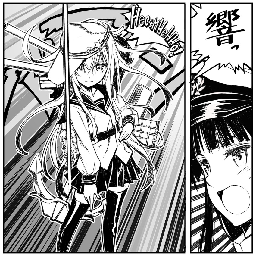 2girls, female_admiral_(kantai_collection), greyscale, hammer_and_sickle, hat, hibiki_(kantai_collection), highres, jojo_no_kimyou_na_bouken