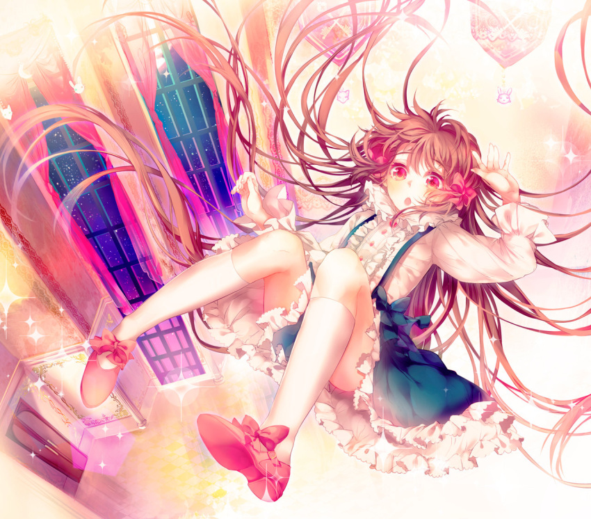 1girl, :o, bangs, blue_shirt, blush, bow, brown_hair, buttons