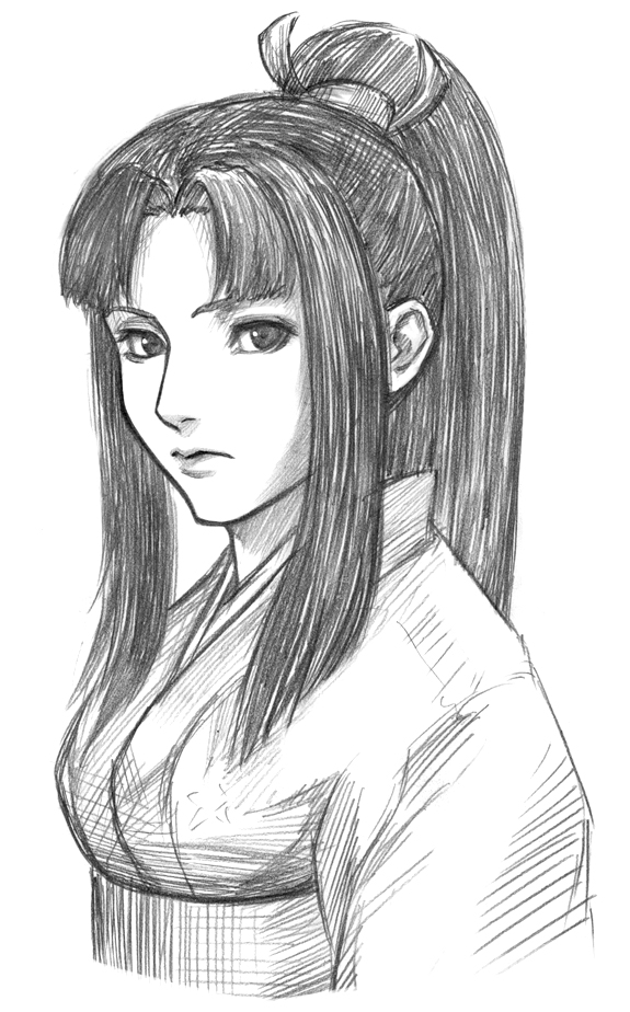 1girl, bust, hokuto_(street_fighter), japanese_clothes, long_hair, morokosi, ponytail, sketch