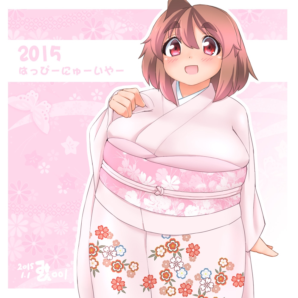 1girl, 2015, :d, ahoge, blush, breasts, brown_hair, eno_konoe