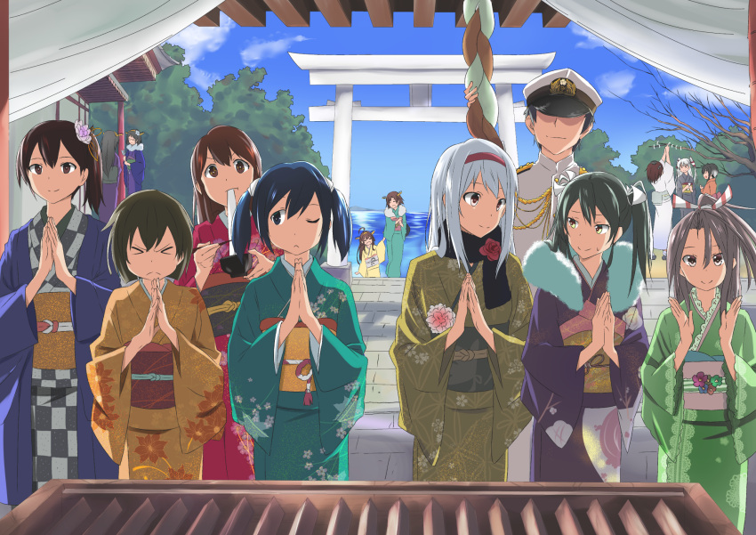 >_<, 1boy, 6+girls, admiral_(kantai_collection), akagi_(kantai_collection), amatsukaze_(kantai_collection), black_hair, blue_hair