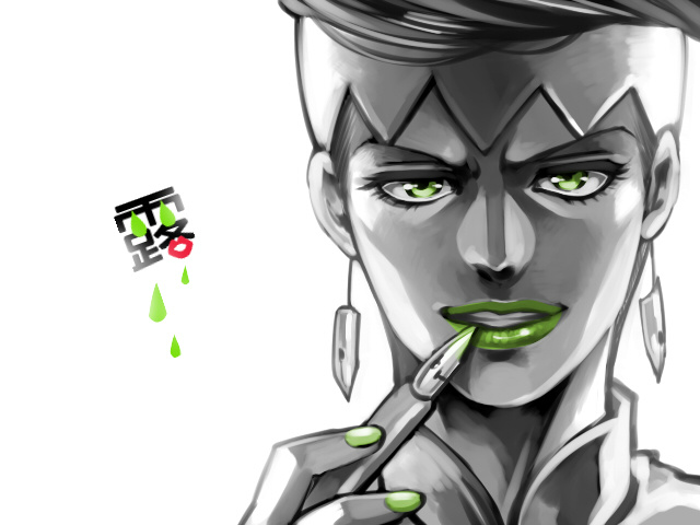 1boy, earrings, green_eyes, green_lipstick, headband, jewelry, jojo_no_kimyou_na_bouken, kishibe_rohan