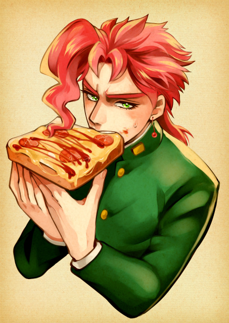 1boy, eating, food, food_on_face, gakuran, green_eyes, jojo_no_kimyou_na_bouken, kakyouin_noriaki