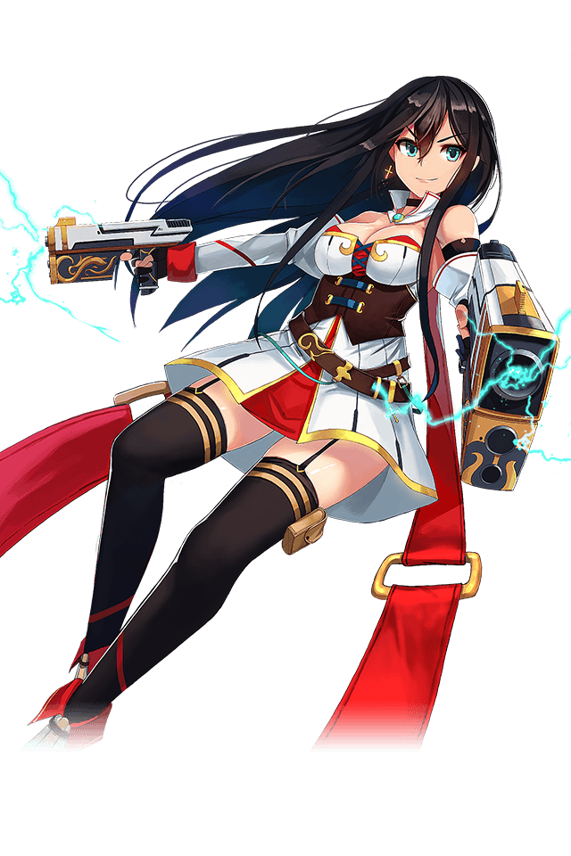 >:), 1girl, bare_shoulders, belt, black_hair, black_legwear, blue_eyes, breasts