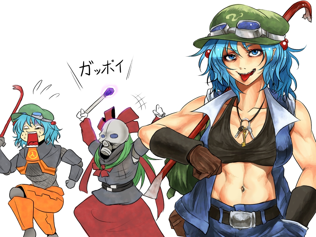 2girls, :p, abs, armor, bare_shoulders, blue_eyes, blue_hair, crowbar