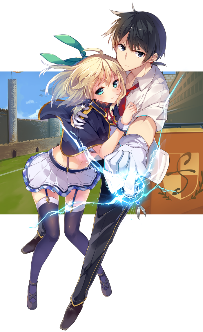 >:|, 1boy, 1girl, black_eyes, black_hair, black_legwear, blonde_hair, blue_eyes, copyright_request, garter_straps, gloves, hug, lightning, long_hair, looking_at_viewer, mishima_kurone, navel, official_art, original, pleated_skirt, skirt, white_gloves