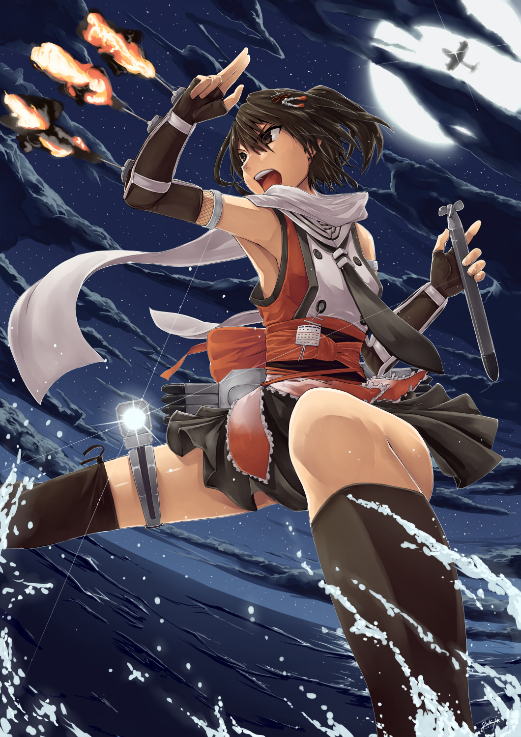 1girl, airplane, asymmetrical_legwear, bare_shoulders, battle, black_gloves, black_legwear, brown_eyes