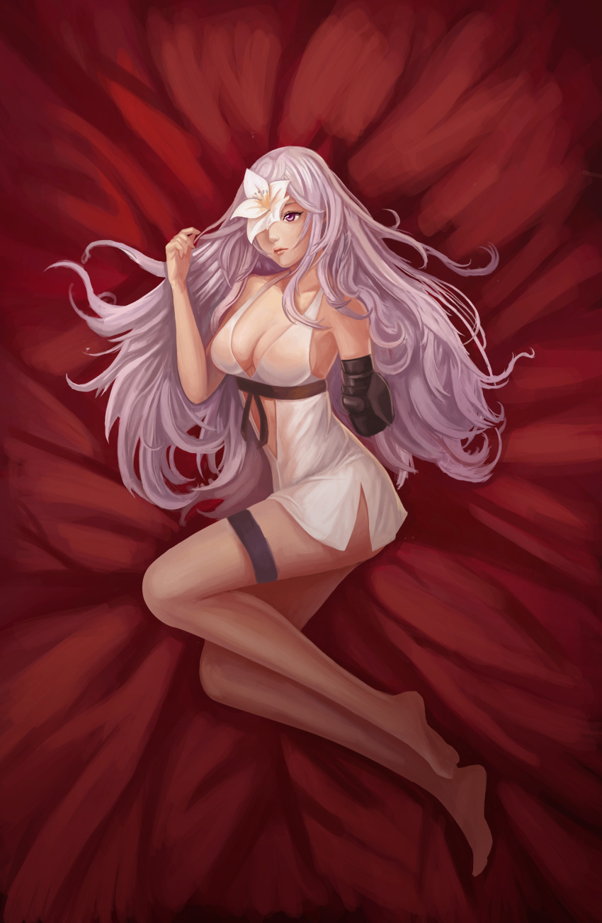 1girl, absurdres, amputee, collarbone, drag-on_dragoon_3, dress, flower, flower_eyepatch
