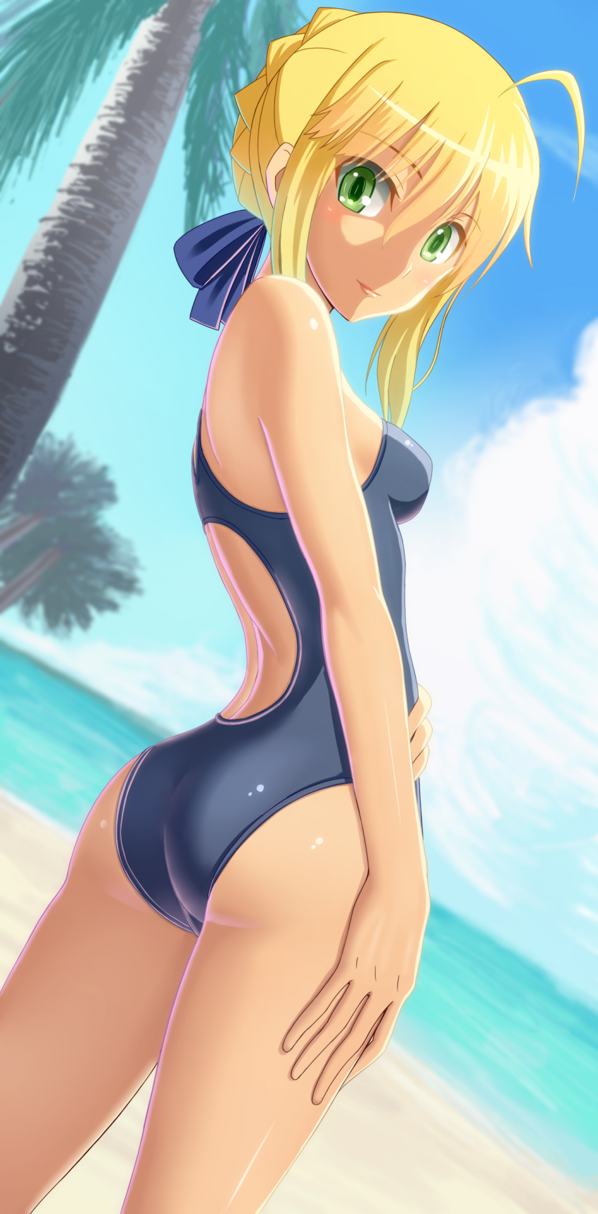 1girl, absurdres, ahoge, ass, blonde_hair, braid, competition_swimsuit, dutch_angle
