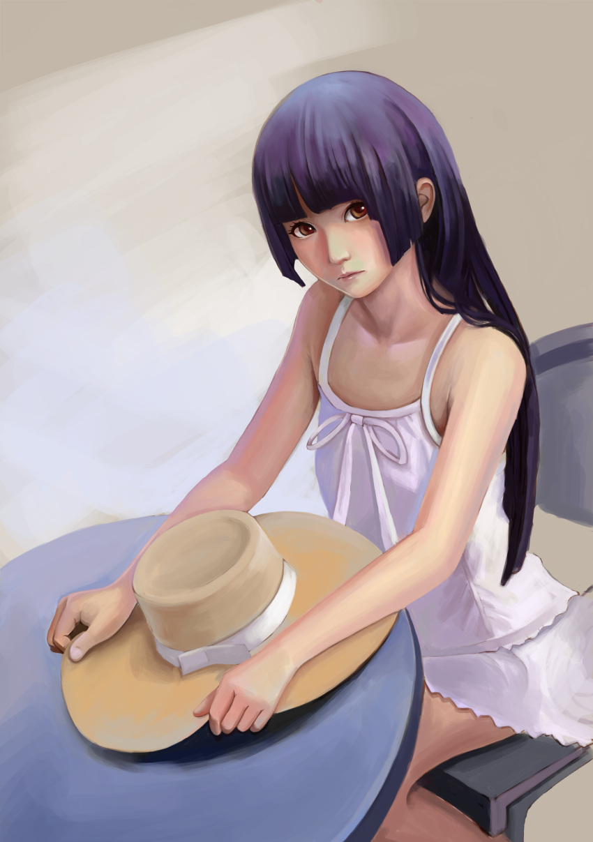 1girl, absurdres, bare_shoulders, black_hair, brown_background, brown_eyes, bust, chair