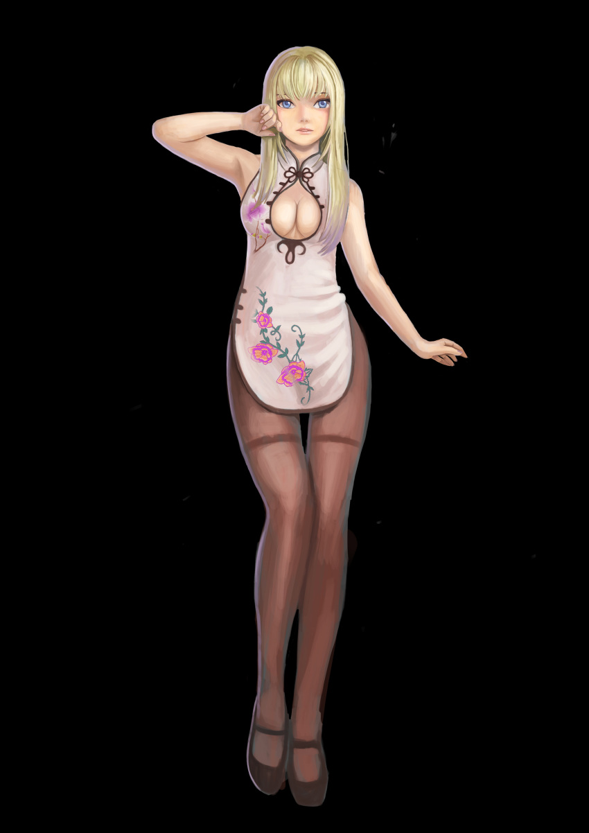 1girl, absurdres, armpits, black_background, blonde_hair, blue_eyes, brown_legwear, china_dress