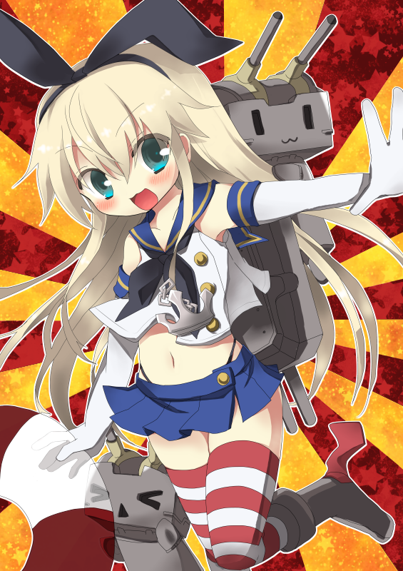 >_<, 1girl, :d, anchor_hair_ornament, blue_eyes, elbow_gloves, gloves, hairband, holding, innertube, kantai_collection, light_brown_hair, long_hair, looking_at_viewer, navel, open_mouth, pleated_skirt, rensouhou-chan, school_uniform, serafuku, shimakaze_(kantai_collection), skirt, smile, striped, striped_legwear, thigh-highs, white_gloves, yakiguri, zettai_ryouiki