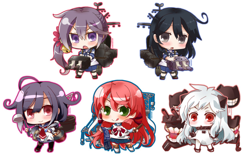 5girls, ahoge, akashi_(kantai_collection), akebono_(kantai_collection), black_hair, brown_eyes, chibi, dress