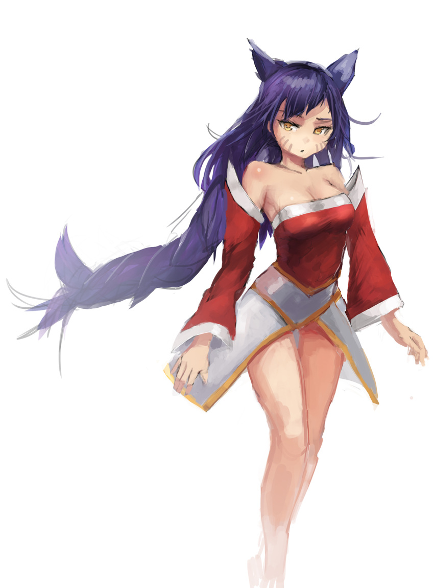1girl, ahri, animal_ears, bare_shoulders, black_hair, breasts, cleavage, detached_sleeves