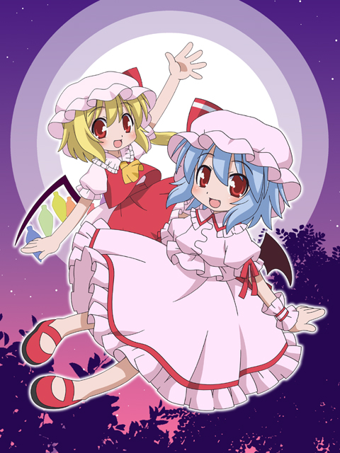 :d, anime_coloring, bat_wings, blonde_hair, blue_hair, flandre_scarlet, full_moon, hat