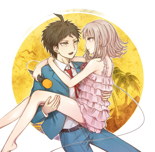 1boy, 1girl, :d, ahoge, alternate_costume, barefoot, brown_hair, camisole