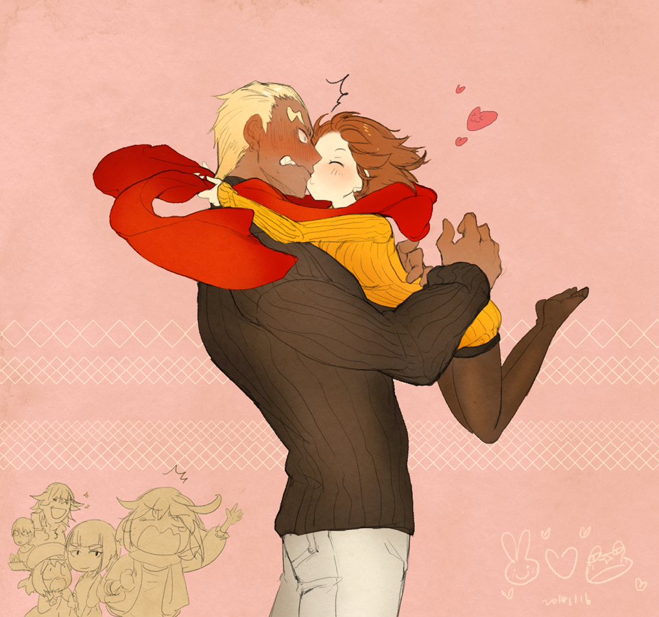 1boy, 1girl, blush, couple, gamagoori_ira, hug, inumuta_houka, jakuzure_nonon, kill_la_kill, kiryuuin_satsuki, kiss, mankanshoku_mako, matoi_ryuuko, mt_(ringofive), pantyhose, pink_background, sanageyama_uzu, scarf, shared_scarf, short_hair, sweater