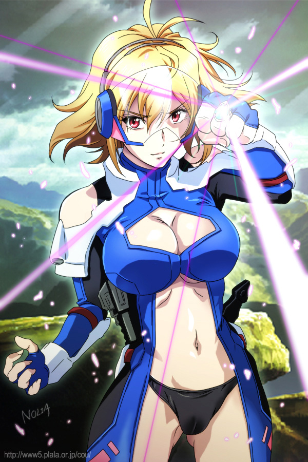 1girl, angelise_ikaruga_misurugi, blonde_hair, bodysuit, breasts, cleavage, cross_ange, looking_at_viewer