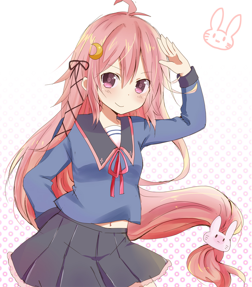 1girl, hair_ornament, kantai_collection, long_hair, red_eyes, redhead, salute, skirt, smile, solo, sr_soba, uniform, uzuki_(kantai_collection)