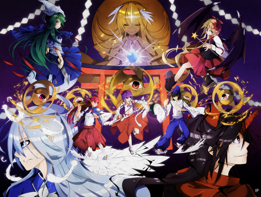 1boy, 6+girls, alxz, bat_wings, black_hair, blonde_hair, blue_eyes, blue_hair