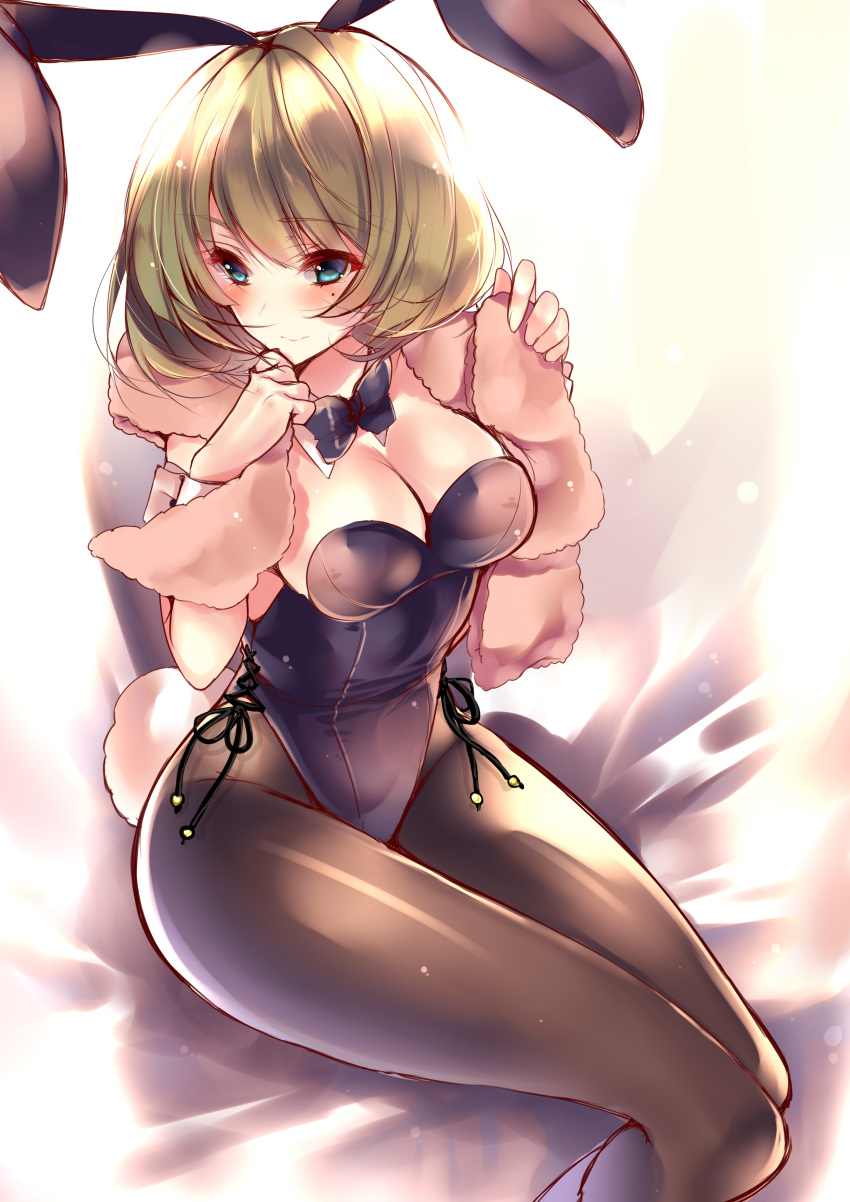 1girl, absurdres, amane_ruri, animal_ears, aqua_eyes, bare_shoulders, black_legwear, blush