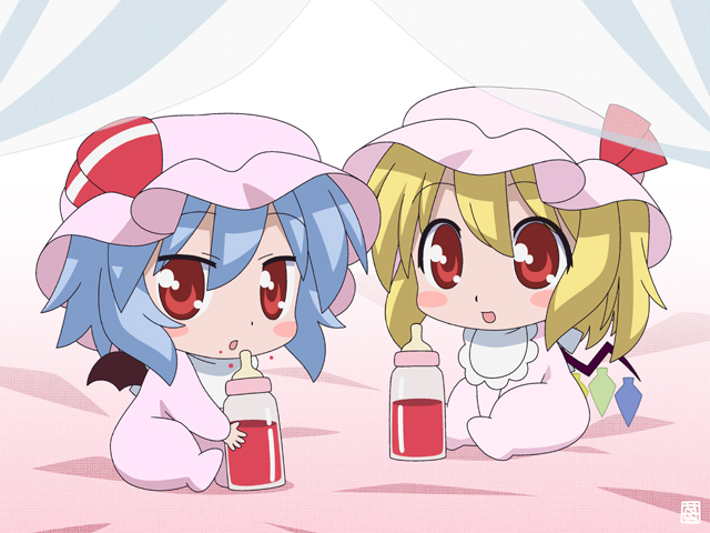 baby, baby_bottle, bat_wings, bib, blonde_hair, blood, blue_hair, blush_stickers, bottle, canopy_bed, chibi, drinking, flandre_scarlet, hat, hatomugisan, multiple_girls, red_eyes, remilia_scarlet, short_hair, siblings, signature, sisters, smile, touhou, vampire, wings, young