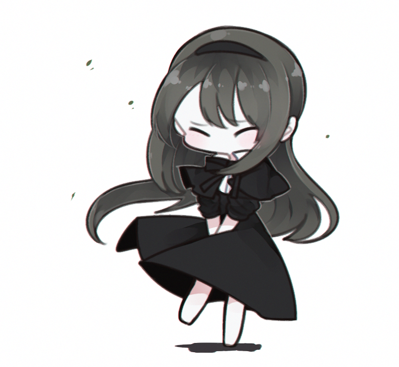 1girl, akemi_homura, barefoot, black_hair, chibi, closed_eyes, dress, dress_tug, fc_(efushii), funeral_dress, hairband, long_hair, mahou_shoujo_madoka_magica, mahou_shoujo_madoka_magica_movie, no_mouth, simple_background, solo, white_background, wind