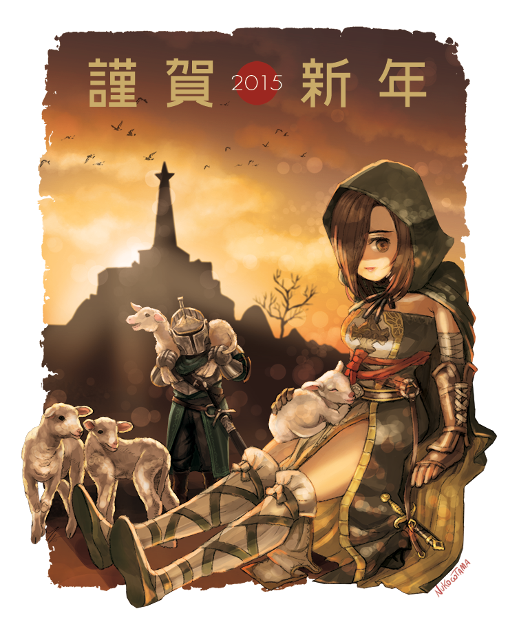 1girl, 2015, animal, animal_on_lap, armor, artist_name, brown_eyes, brown_gloves