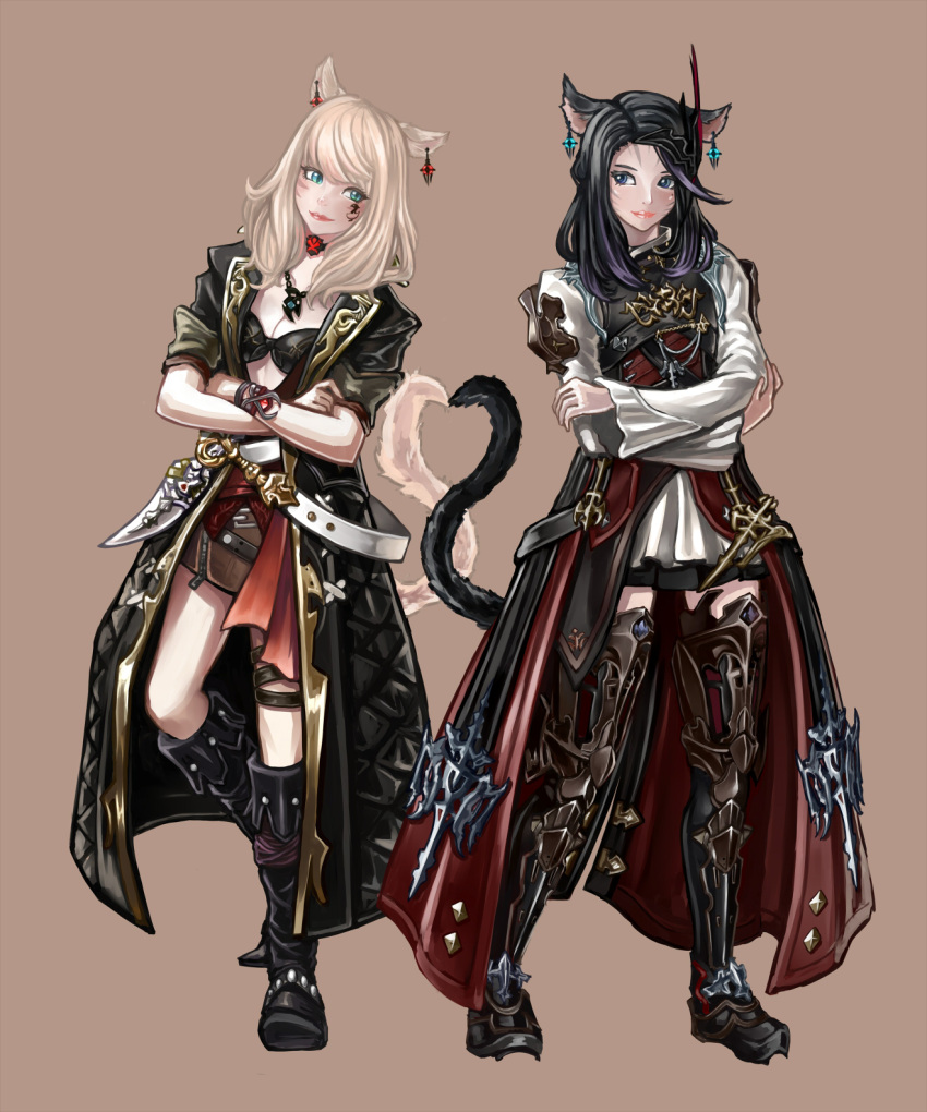 2girls, animal_ears, armor, belt, black_hair, blonde_hair, blue_eyes, boots