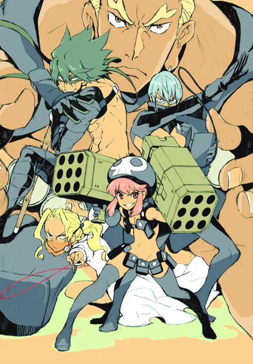 1girl, 4boys, belt, gamagoori_ira, glasses, grin, hat, inumuta_houka, iori_shirou, jakuzure_nonon, kill_la_kill, life_fiber, multiple_boys, needle, ninagawa_yaeko, nudist_beach_uniform, sanageyama_uzu, sewing_needle, skull_print, smile, thigh-highs, utility_belt, weapon