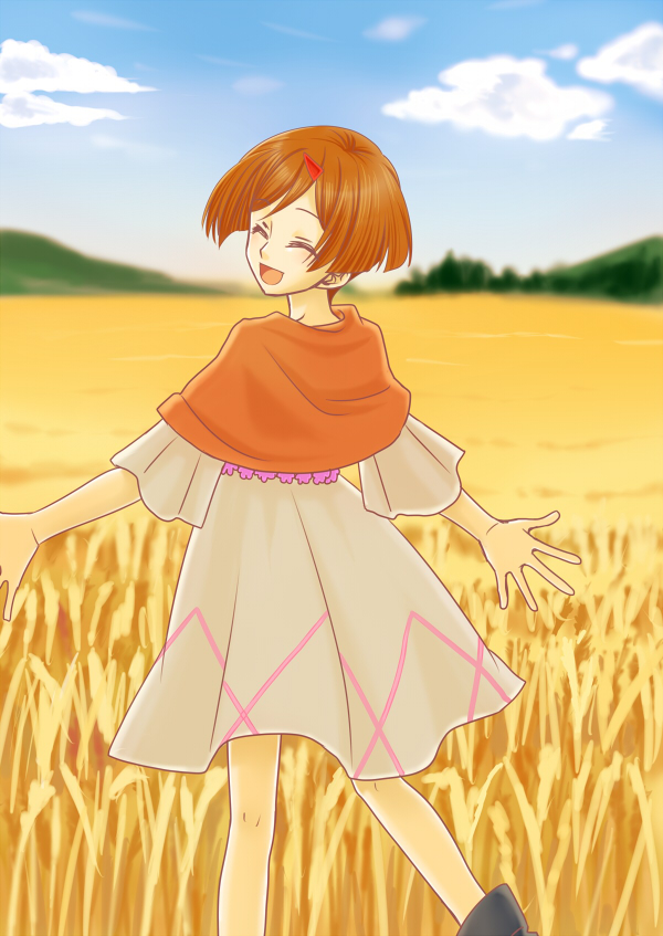 1girl, blue_sky, boots, brown_hair, closed_eyes, dress, female, flower
