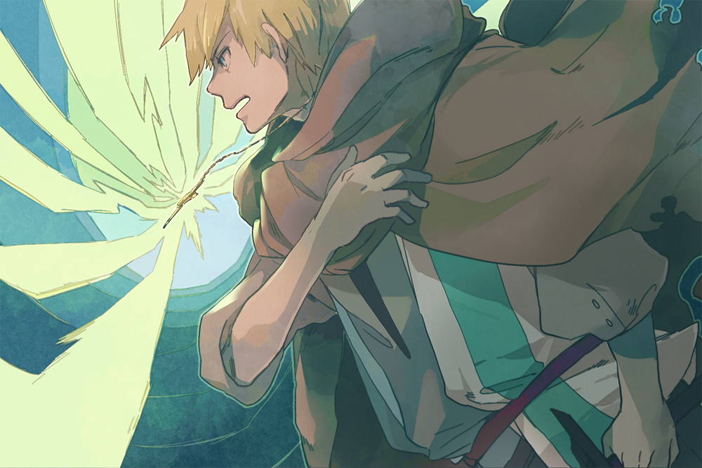 1boy, alfonso_san_valiante, belt, blonde_hair, blue_eyes, cape, cross, garo:honoo_no_kokuin