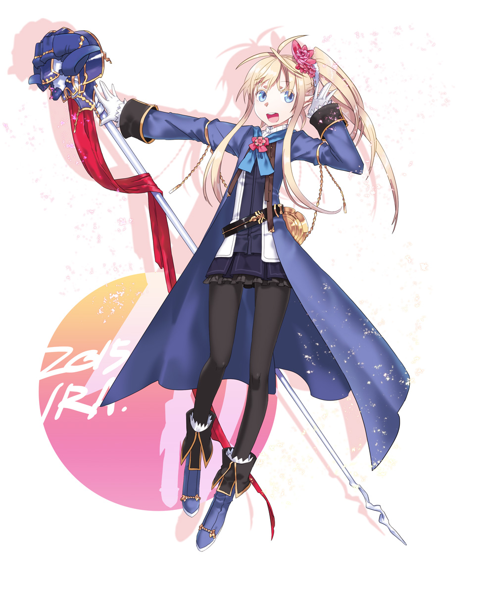 1girl, 2015, :d, blonde_hair, blue_eyes, boots, flower, gloves