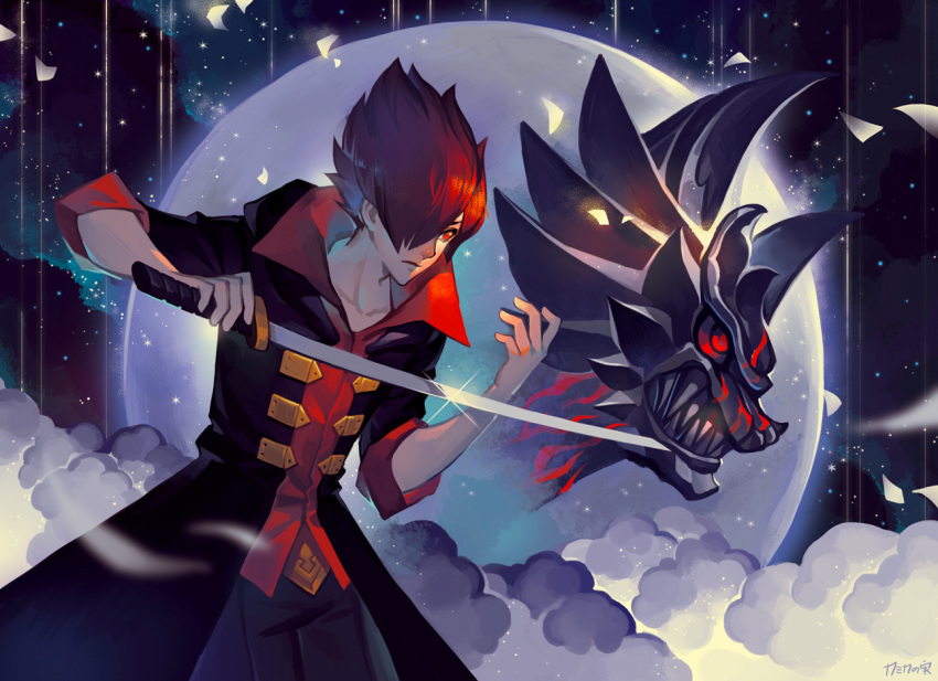 1boy, frown, full_moon, garo, garo:honoo_no_kokuin, garo_(series), kamikanomi, leon_luis, male, moon, night, night_sky, red_eyes, redhead, short_hair, sky, solo, spiky_hair, sword, trench_coat, weapon