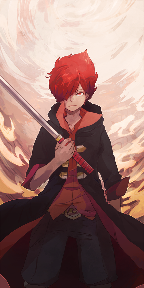 1boy, belt, fire, frown, garo:honoo_no_kokuin, garo_(series), itumu, leon_luis, male, red_eyes, redhead, short_hair, solo, spiky_hair, sword, trench_coat, weapon