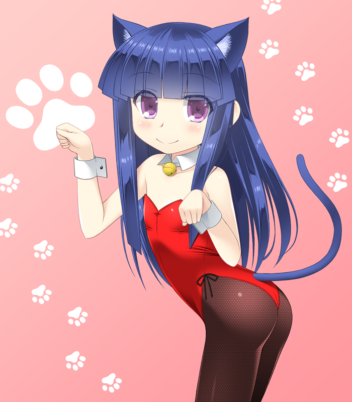 1girl, animal_ears, bell, blue_hair, cat_ears, cat_tail, detached_collar, furude_rika